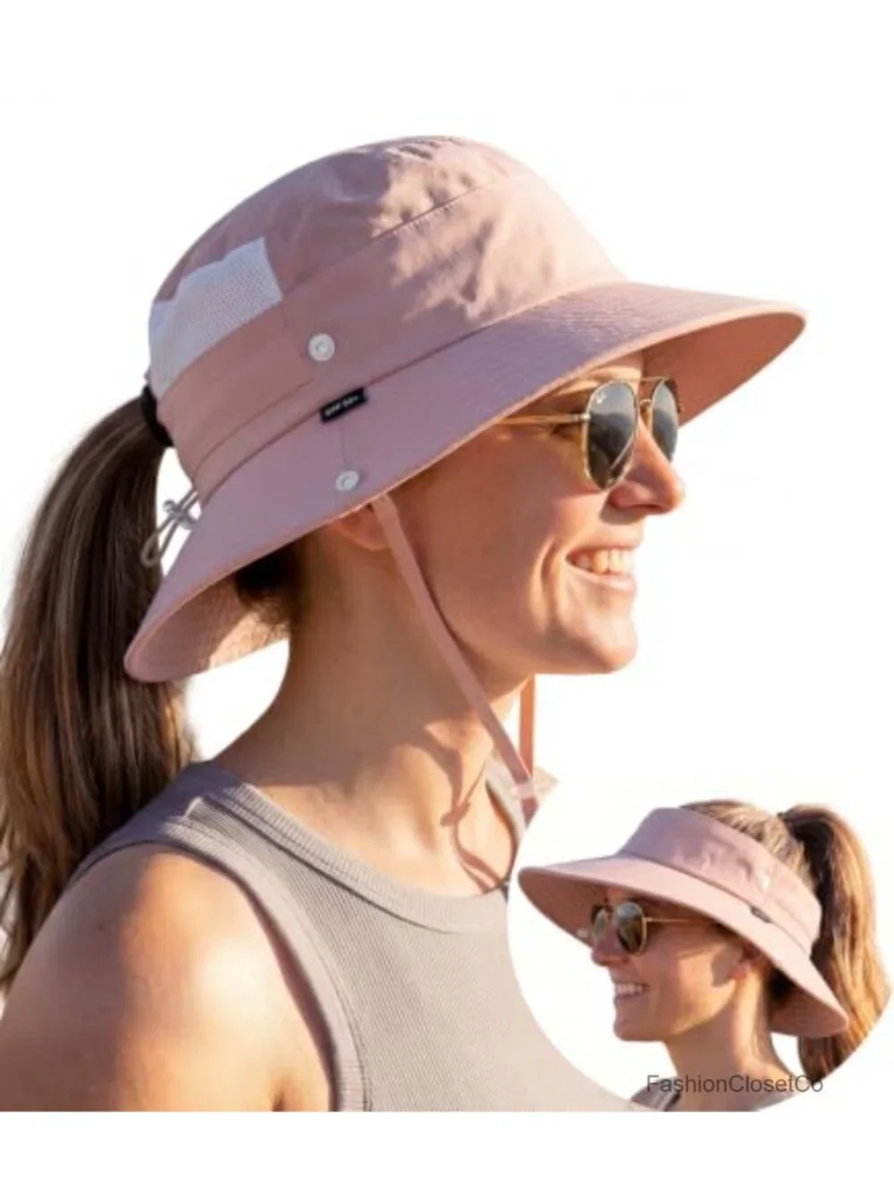 2-in-1 UPF 50+ Bucket Sun Hat with Ponytail Hole, Packable Hiking Visor